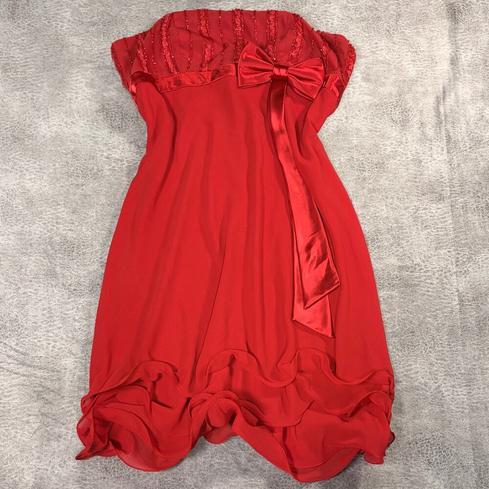 Vintage Red Sequin Strapless Ruffled Mini Dress